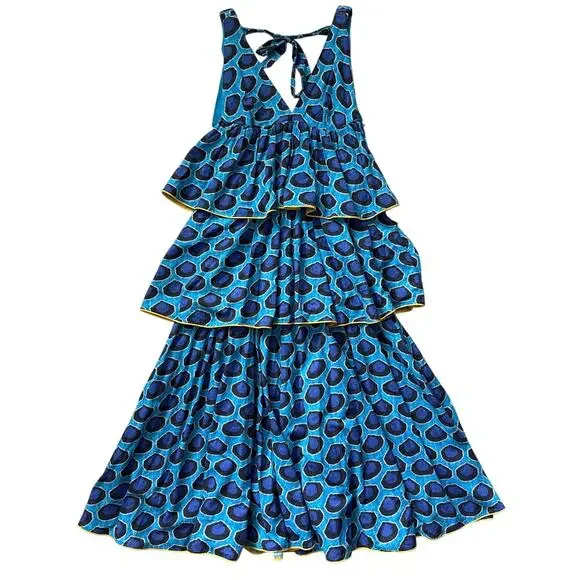 Rhode Leela Tiered Abstract Print Cotton Midi Dress‎ in Blue Ikat Size Medium - Picture 6 of 10